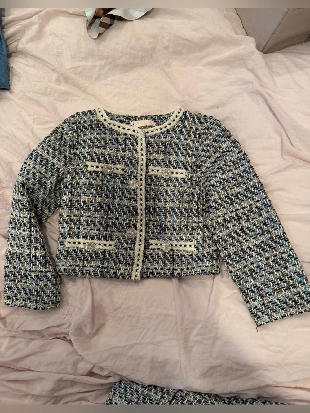 Girls' Tweed Matching Blazer and Skirt Set - Blue/Cream